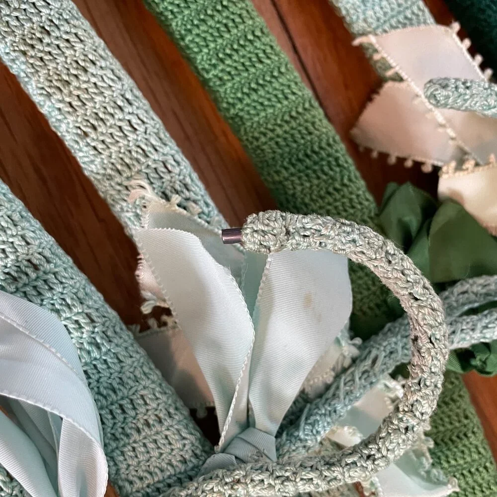 8 Green Vintage Crochet Coat Hangers-Crochet Wooden Coat Hangers-70+